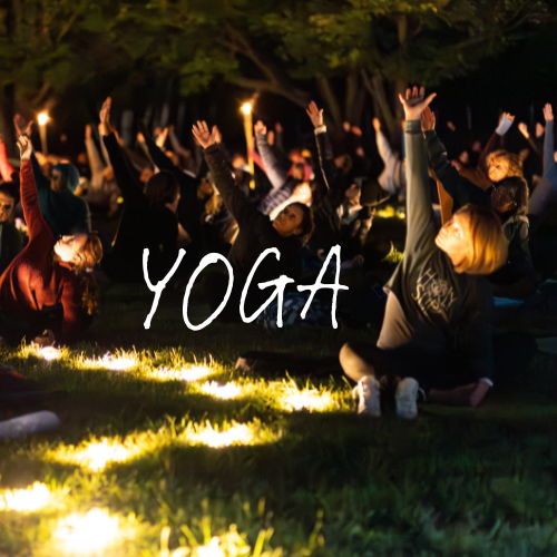 Une foule pratiquant le yoga en plein air le soir